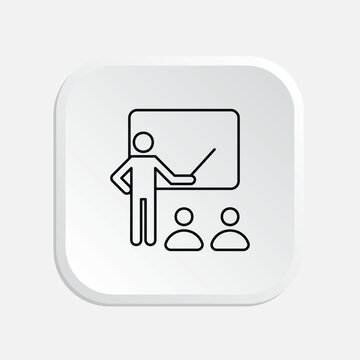 Icon of a teacher pointing at a board with two students seated in front